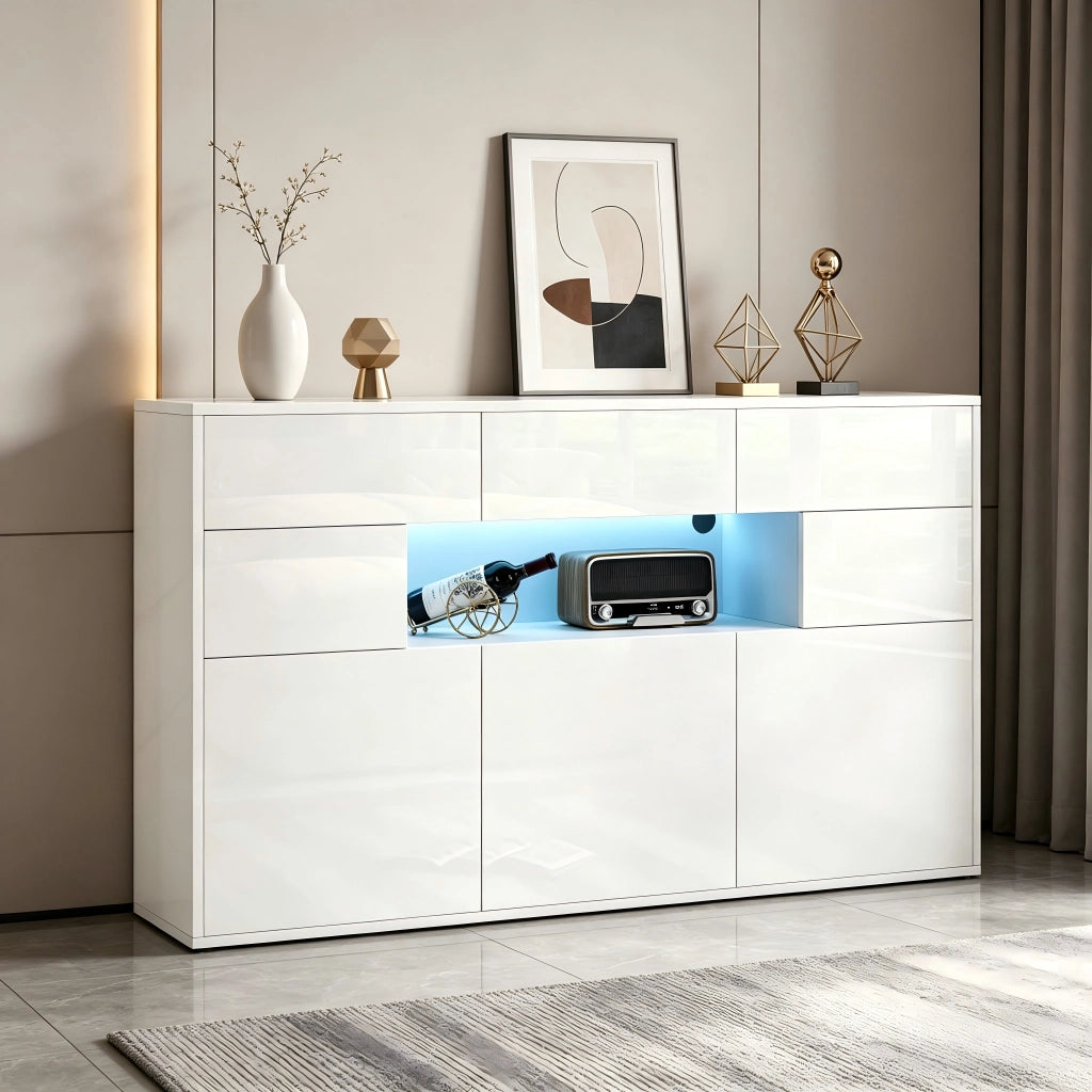 Credenza soggiorno 140 x 30 x 82 cm con 3 cassetti, 5 vani e luce LED, bianco lucido