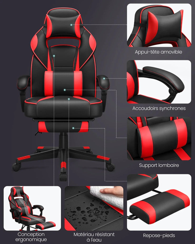 Sedia da gaming sedia da ufficio regolabile con poggiapiedi telescopico ergonomico meccanismo di inclinazione poggiatesta supporto lombare capacità di carico 150 kg nero e rosso 12_0005909