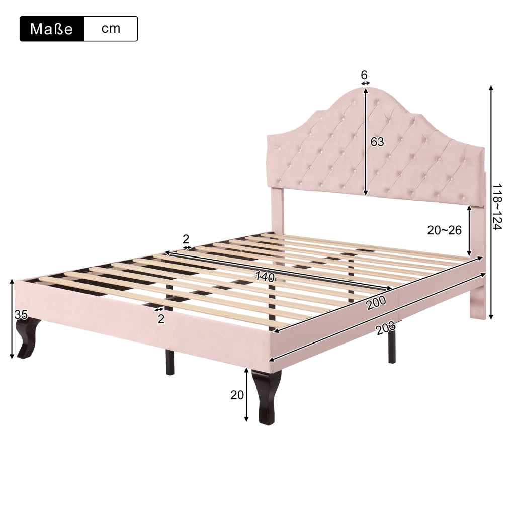 OKWISH Letto Matrimoniale 140×200 cm con Testiera Regolabile e Rete a Doghe, senza Materasso, in Velluto, Rosa