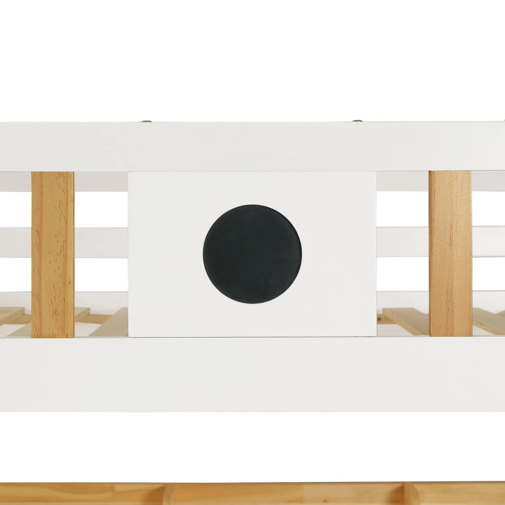 Letto a castello 90x200 cm con scala contenitore, cassetti e lavagna, bianco naturale