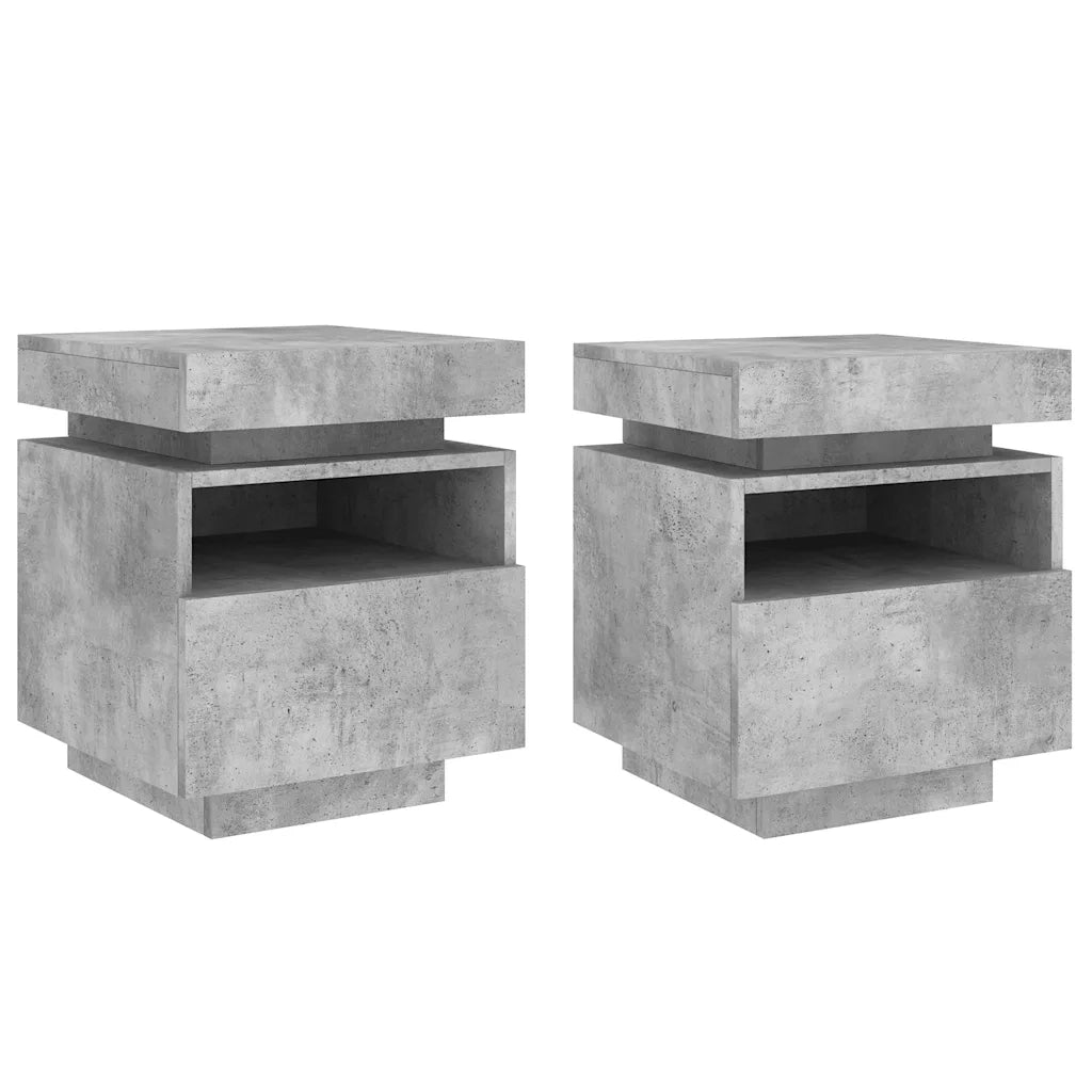 Set di 2 Comodini | Armadio da Notte | Mobiletto da notte con Luci LED Grigio Cemento 40x39x48,5 cm