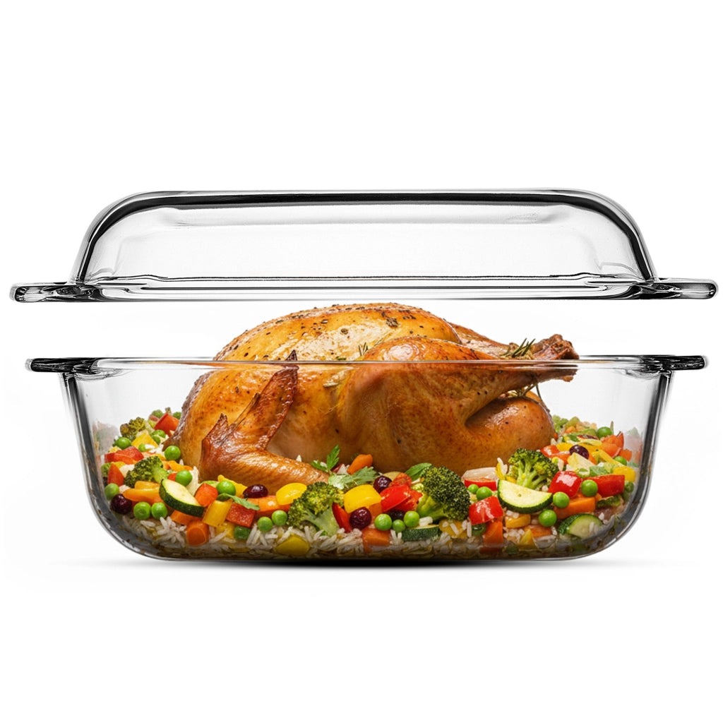Teglia da forno rettangolare in vetro grande KADAX da 5,8 litri con coperchio