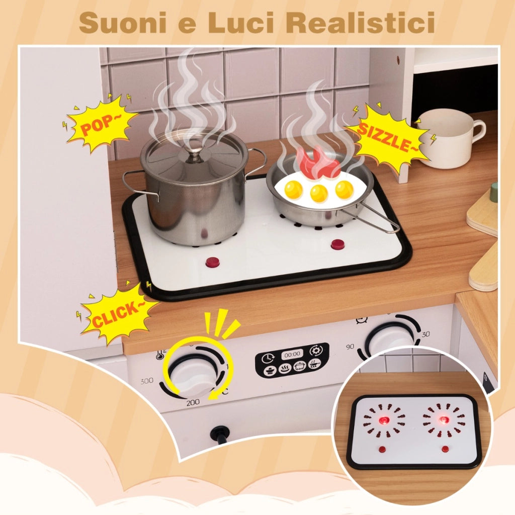 Cucina giocattolo ad angolo per bambini set cucina in legno con frigorifero a doppia porta-Cucina giocattolo con contenitori in tessuto e accessori
