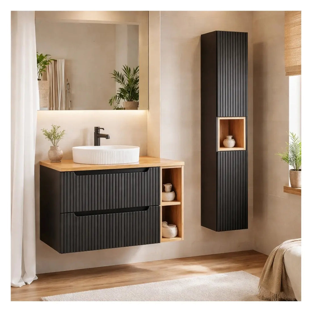 Set VANO 130cm: mobili sotto lavabo con nicchie visibili a cassetti + piano per lavabo + lavabo da appoggio + colonna