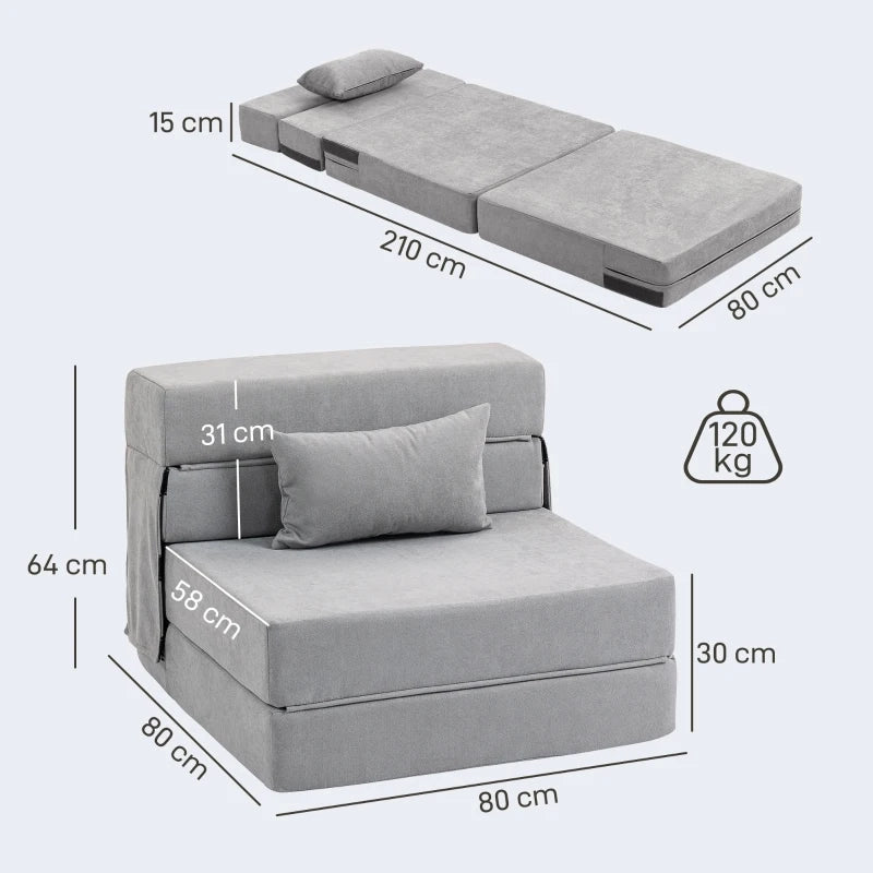 Poltrona multifunzionale trasformabile in divano da pavimento, chaise longue o materasso, grigio chiaro