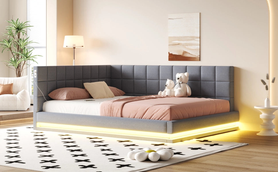 DESMIU Lit Divano 160 × 200 cm 2 posti con illuminazione LED, USB, senza materasso, in lino, grigio