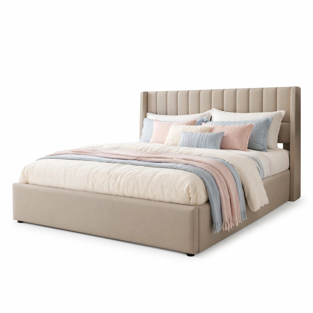 Letto matrimoniale imbottito con contenitore e sistema idraulico 160x200 cm; in lino beige