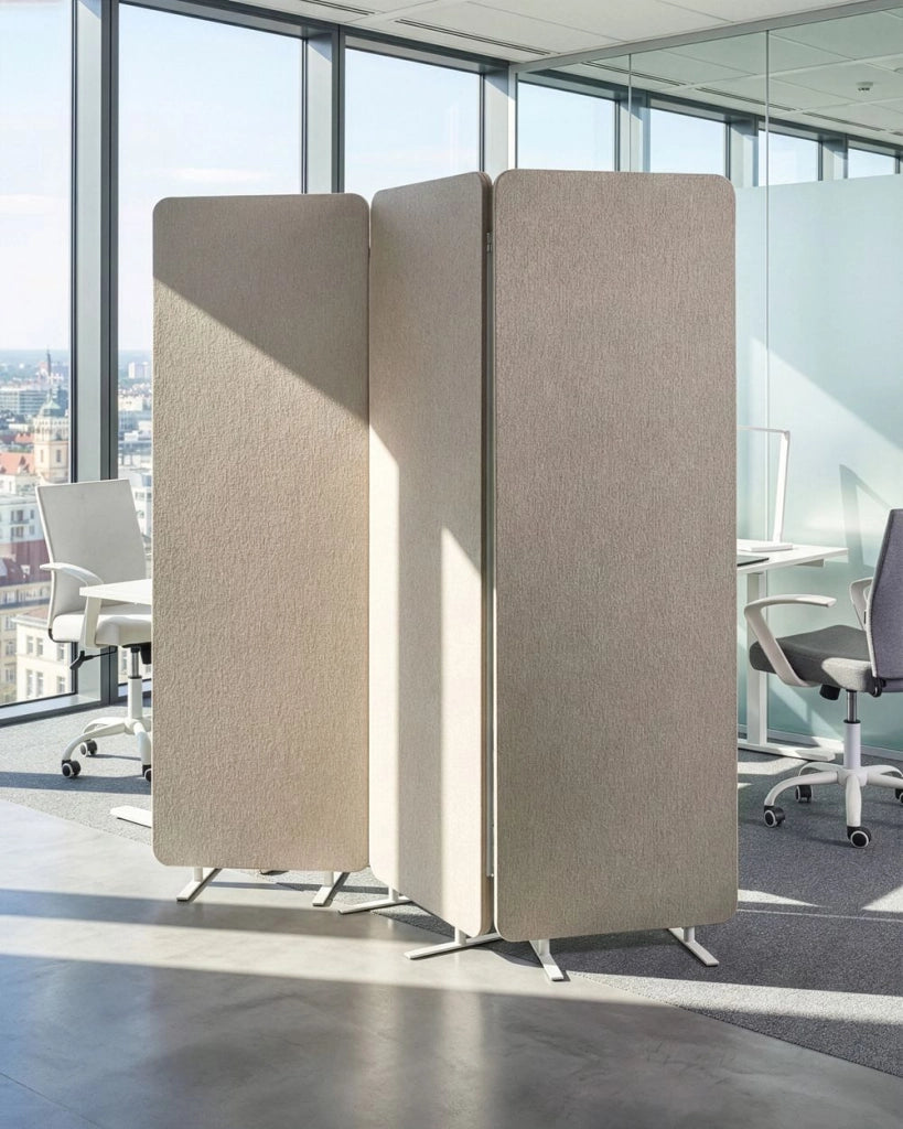 Divisorio a 3 pannelli in tessuto beige per ufficio, parete divisoria, riduzione del rumore