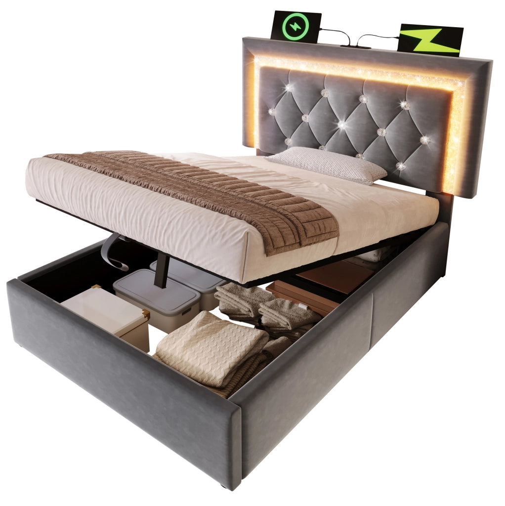 Letto singolo 90x200 cm in velluto grigio con LED; presa USB e Type-C; contenitore e materasso