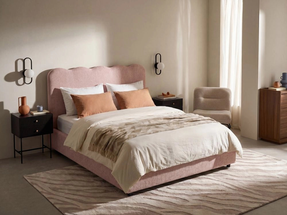 Letto in tessuto rosa pastello 140 x 200 cm contenitore elevabile con testiera e rete a doghe