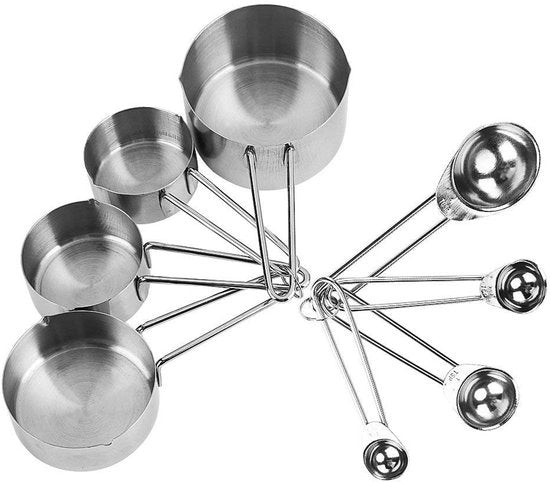 Set di Misuratori di Capacità in Acciaio Inox - Corrosione Resistente - 8 pezzi - Manici Lunghi - Facile Stoccaggio - Misuratori di Capacità con Lepelti di Regolazione