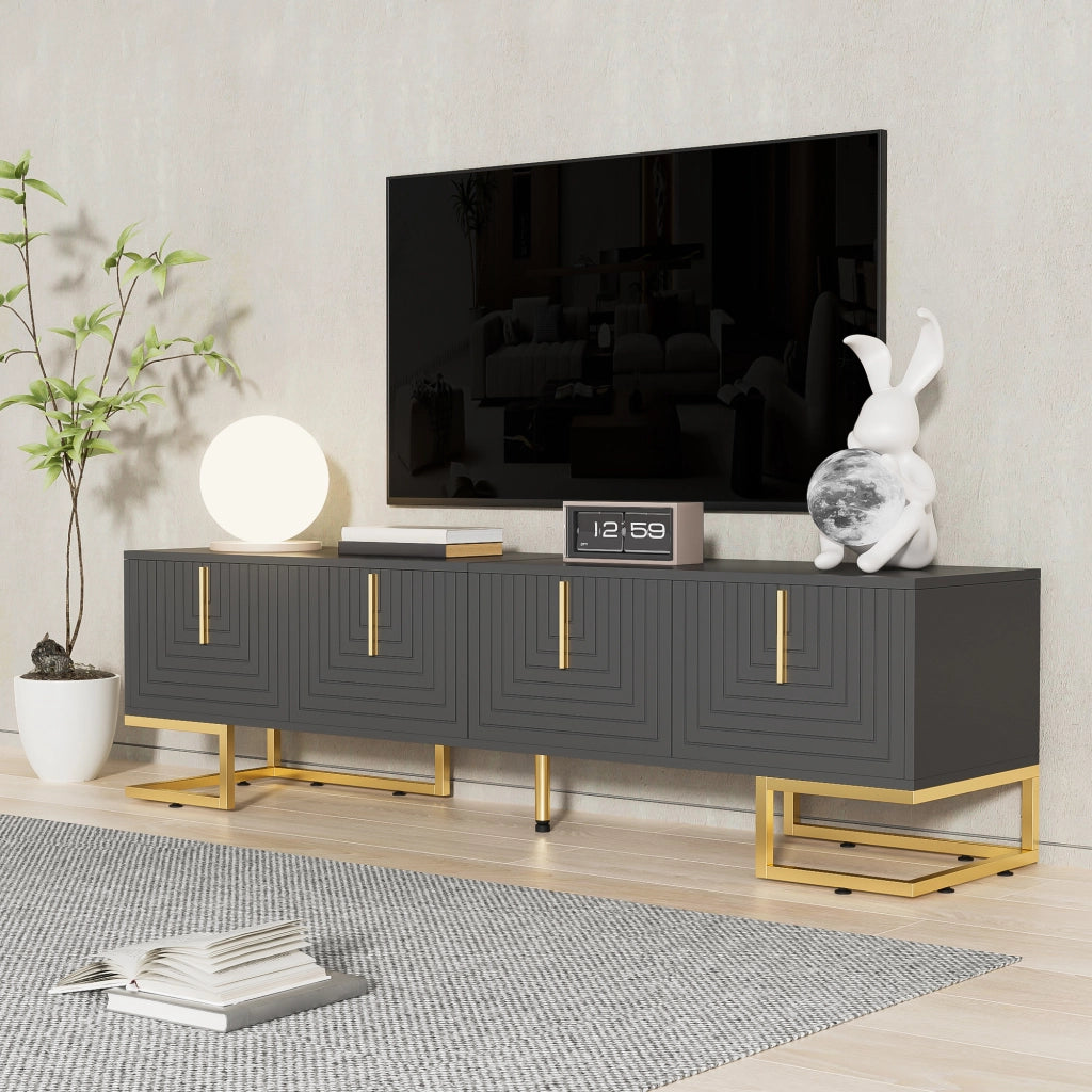 Mobile porta TV con 4 ante e ripiani interni, finitura grigio scuro, gambe e maniglie oro 170 × 40 × 45,5 cm
