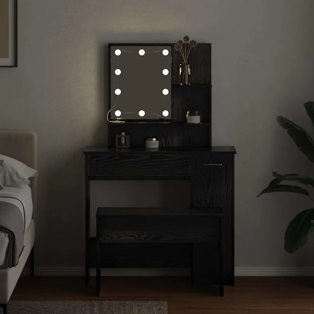 Set Tavolo da Trucco LED 2 pcs Rovere Nero Legno multistrato 3332508