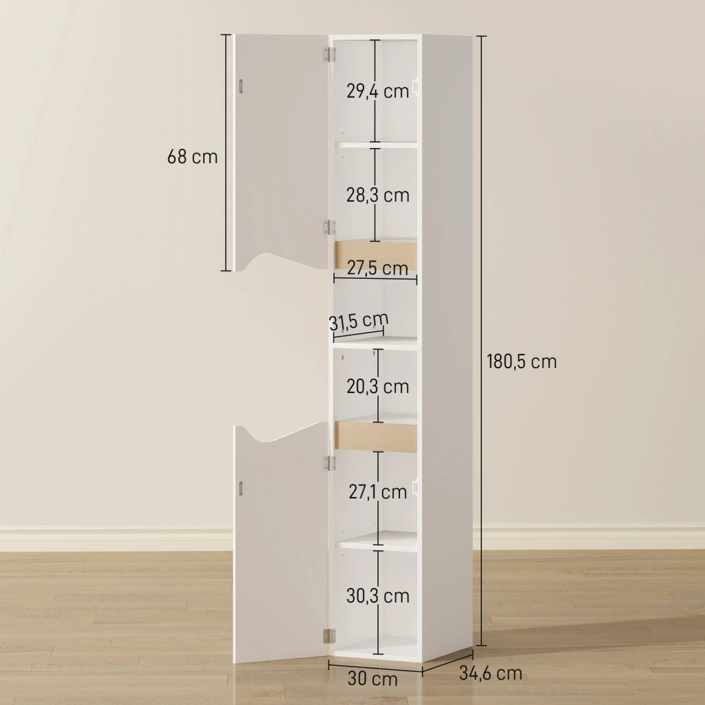 Armadio da Bagno Stretto con 2 Ante e 2 Ripiani Aperti ¨C Zephmum ¨C 30x34.6x182 cm Bianco