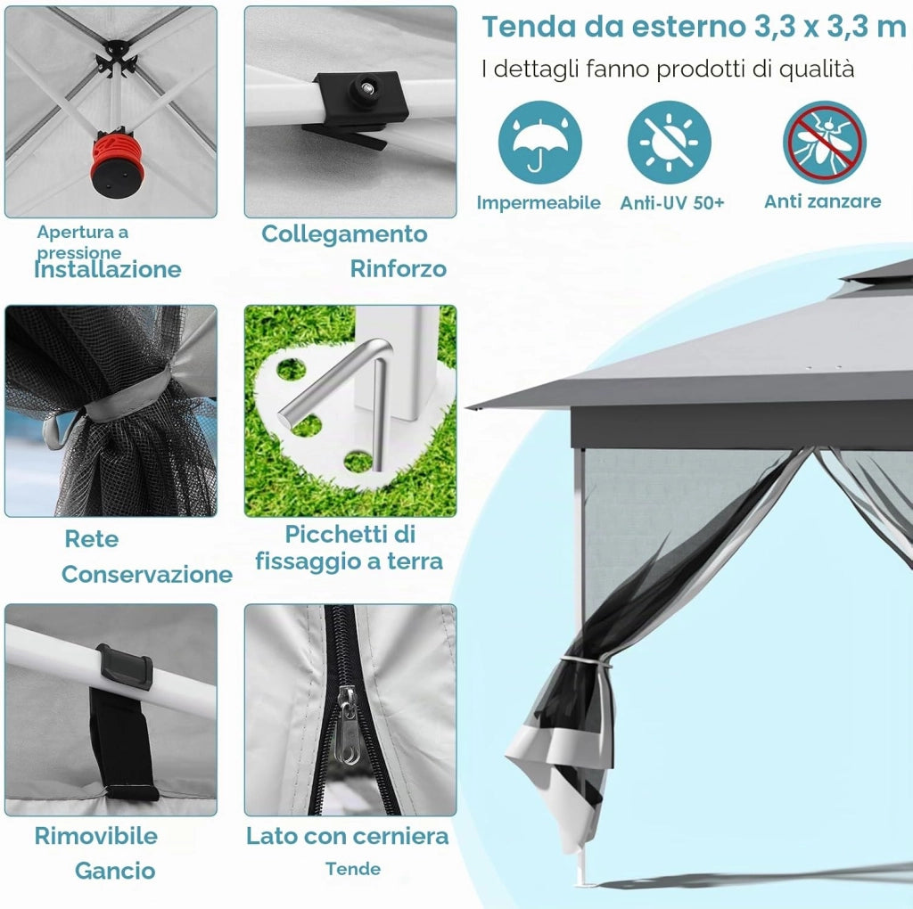 Gazebo pieghevole 3,3x3,3 m, con 4 pannelli laterali in zanzariera, One Push tenda con doppio tetto, Gazebo impermeabile da giardino 4 PCS Sacchi di Sabbia, per mercato/campeggio/spiaggia, Grigio