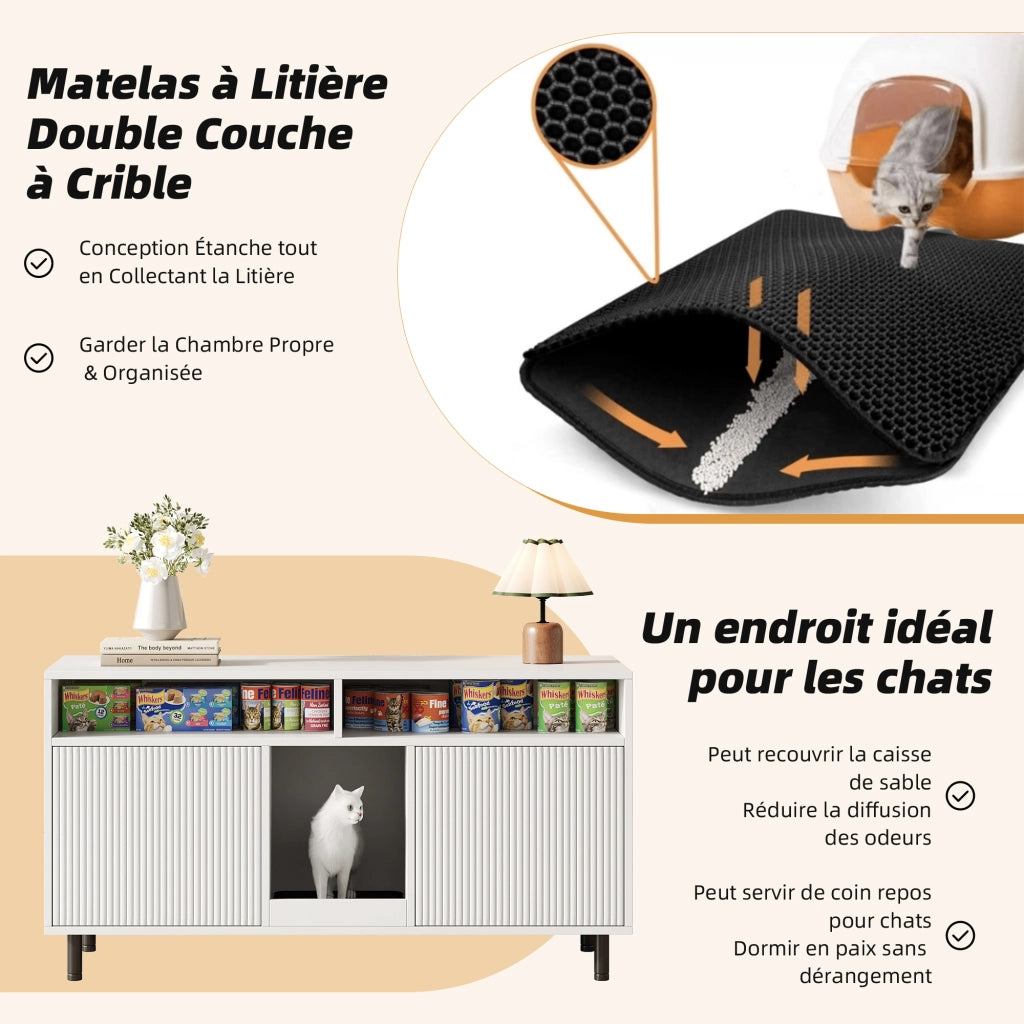 Mobile per lettiera per gatti con 2 ante e ripiani aperti, tappetino raccogli-sabbia, in MDF, bianco, 120 × 50 × 66 cm