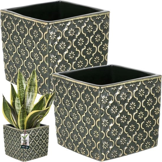 Vaso quadrato in ceramica vintage verde scuro 13x13cm Altezza: 13cm - 2 pezzi