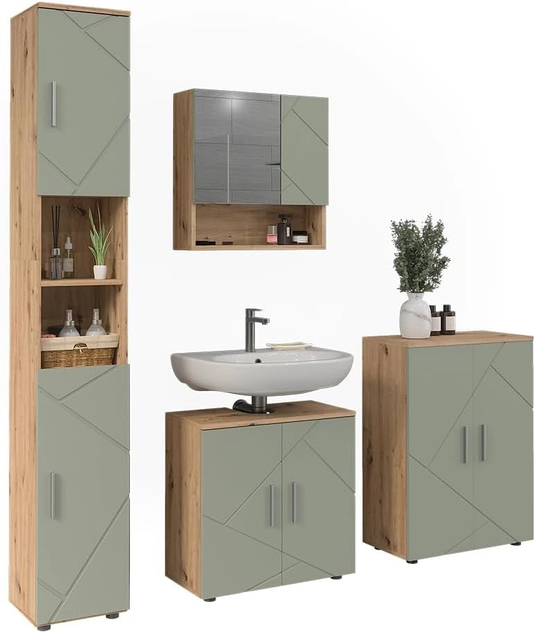 Set di mobili da bagno Irma, Verde salvia, 60 cm, composto da mobile lavabo, pensile a specchio, colonna e base media