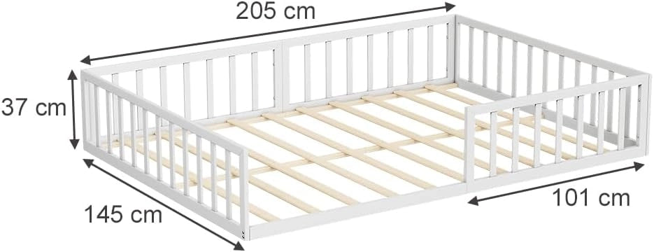 Letto a pavimento Minno 140x200, letto bambini in metallo, letto Montessori con protezione anticaduta, bassa altezza d’ingresso, bianco