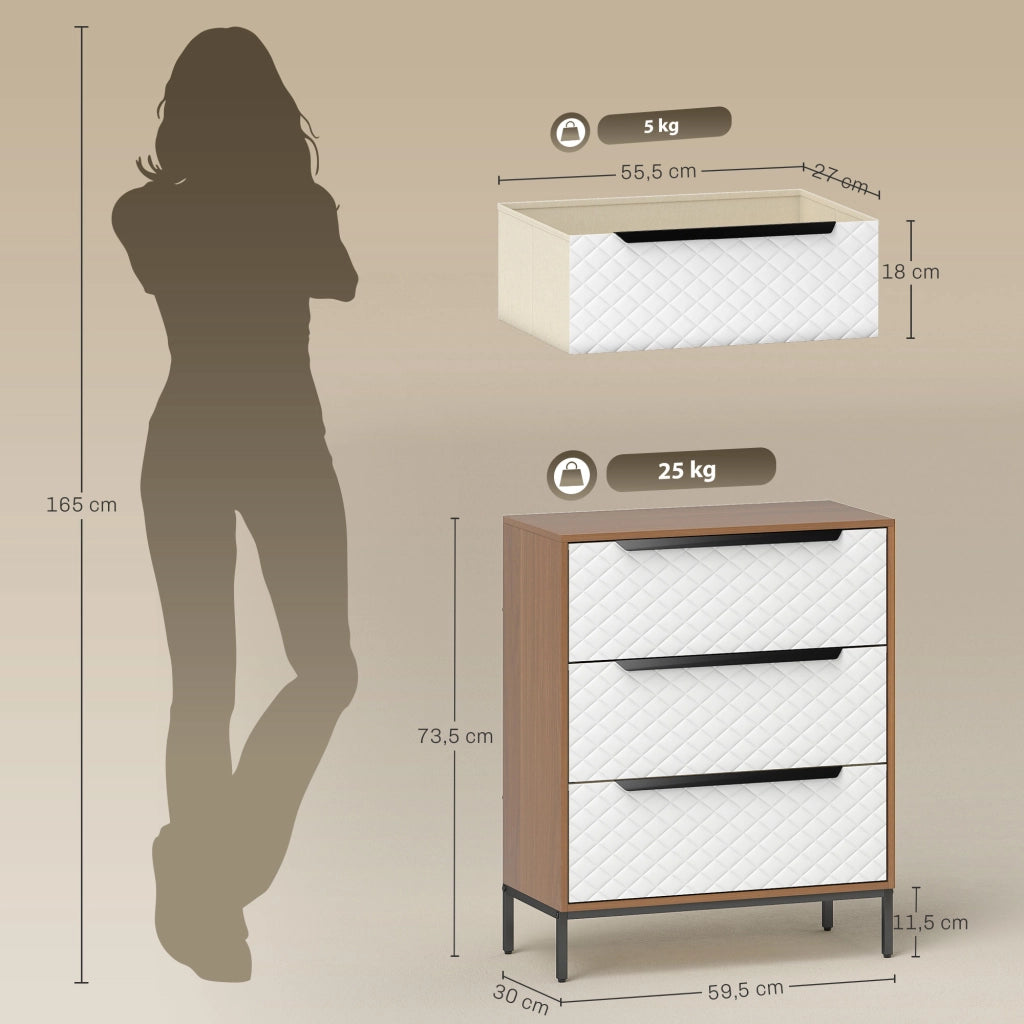 Com¨° con 3 Cassetti in Tessuto Effetto Diamantato ¨C Zephmum ¨C Bianco e Naturale 60x40x40