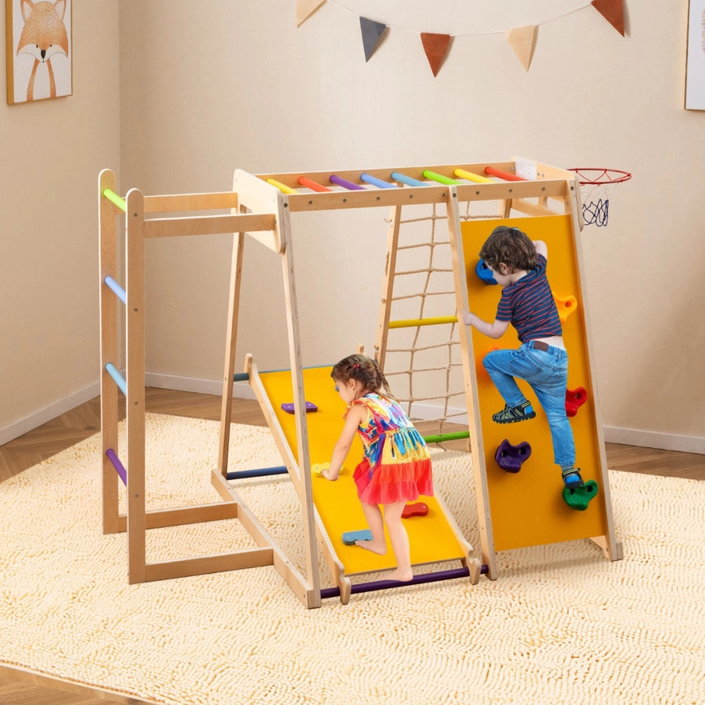 Parco giochi bambini 6 in 1 legno set arrampicata con scivolo, Parco giochi bambini arrampicata e canestro basket Colorato-Arrampicate e scivoli