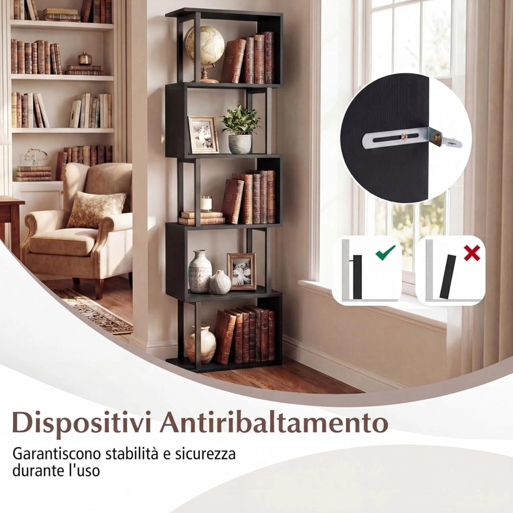 Libreria a 5 Livelli in Legno, Scaffale Espositore Geometrico con Struttura in Metallo, Mobile Portaoggetti Salvaspazio per Camera da Letto Soggiorno Ufficio, 38x23x147 cm (Nero)