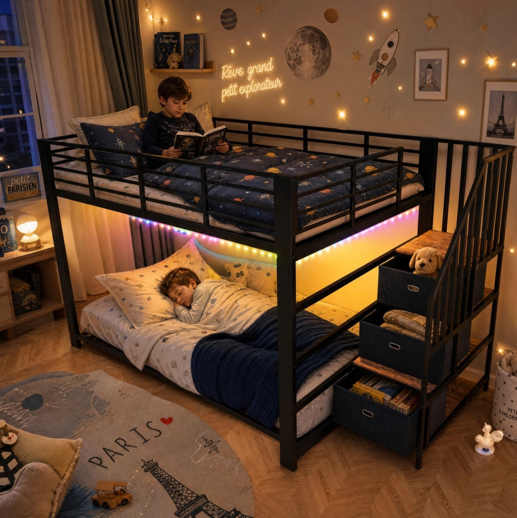 Letto a castello 140x200 cm in metallo e MDF nero con scala contenitore; LED e prese USB