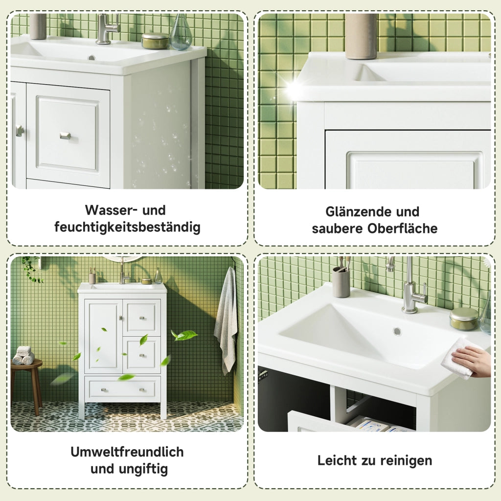 Mobile sottolavabo da bagno con lavabo in ceramica 1 anta e 3 cassetti per bagno in MDF e ceramica bianco 62 × 47 × 90 cm