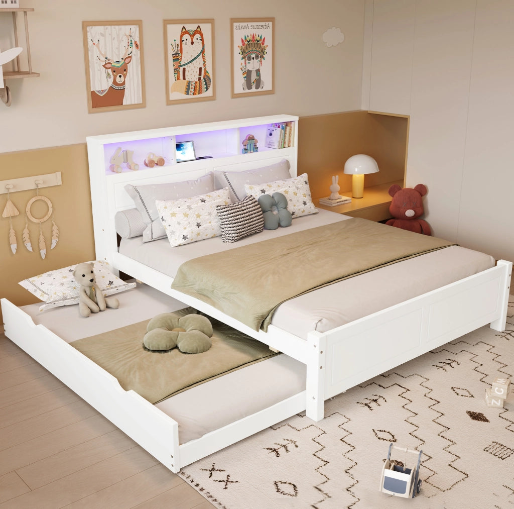 Letto multifunzione bianco con letto estraibile, LED e presa integrata