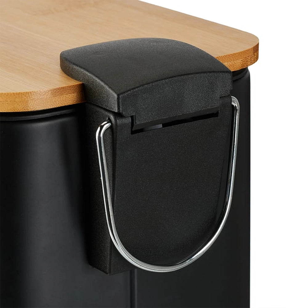 Pattumiera bagno 5 Lt in acciaio con coperchio in bambù nera con apertura a pedale Rexa