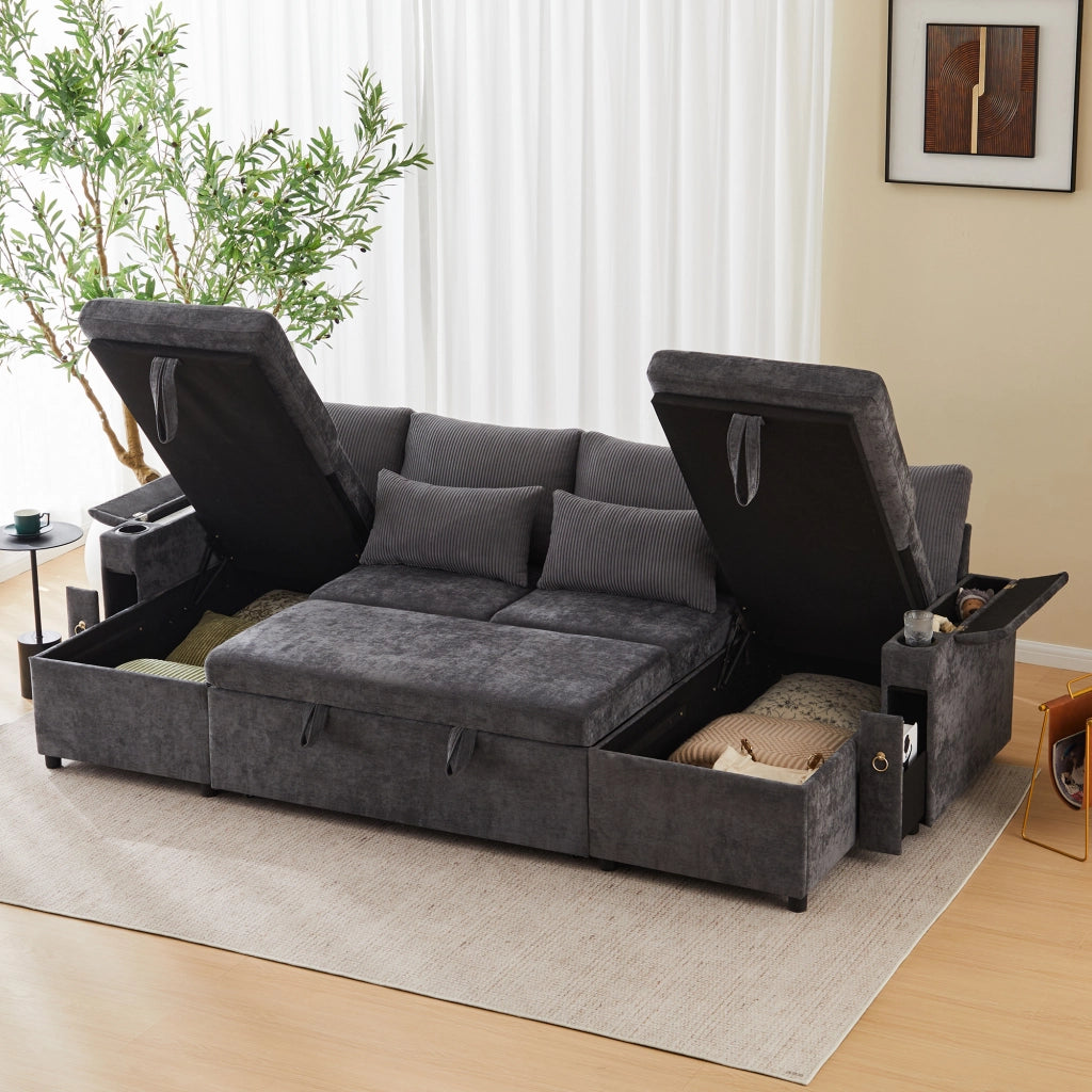 Divano a U convertibile con contenitore e portabicchieri, in ciniglia e velluto a coste grigio 272 × 131 × 84 cm
