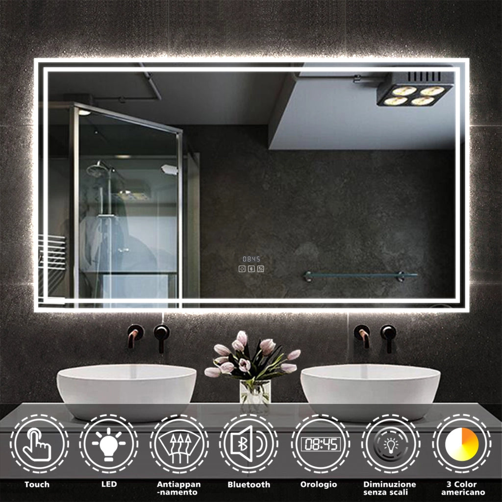 Specchio da bagno Aica LED 160 x 80 cm + Orologio + Bluetooth + luminosità regolabile tricolore