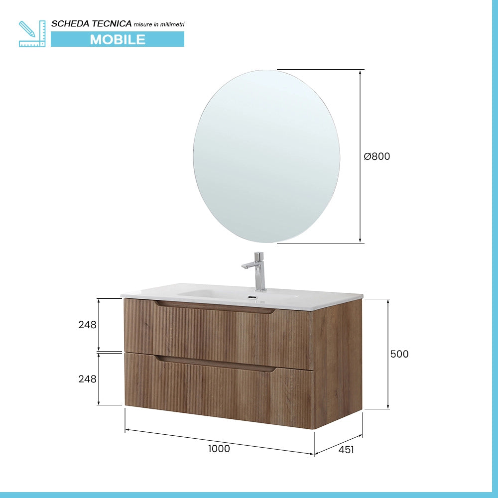Mobile bagno sospeso 100 rovere cannettato doppi cassetto lavabo e specchio Wise