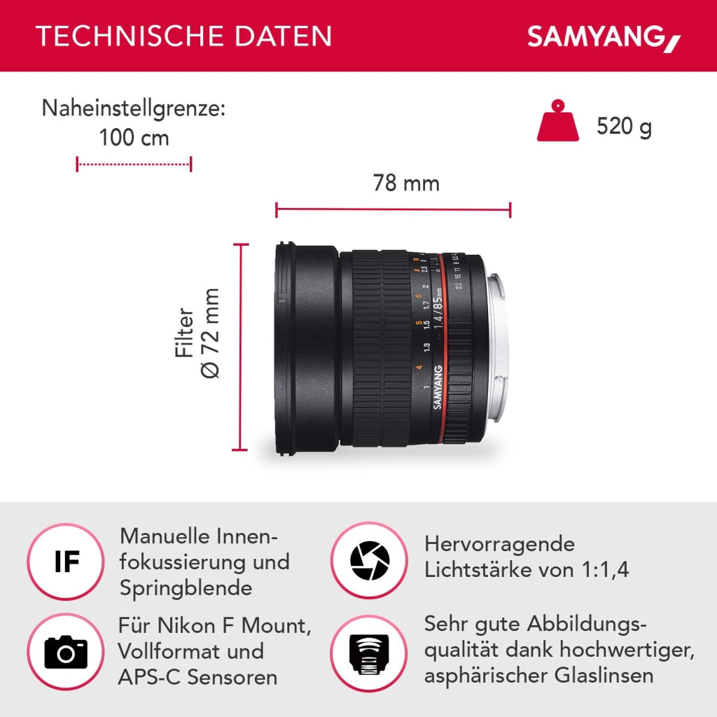 MF 85mm F1.4 AS IF UMC per Nikon F - obiettivo per ritratti a pieno formato per attacco Nikon F/F AE, adatto per APS-C, messa a fuoco manuale, per DSLR Nikon D780, D3500, D850, D7500, D5500