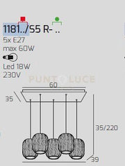 SOSPENSIONE CROMO 5 LUCI RETTANGOLARE VETRI AMBRA 1181CR-S5 R-AM