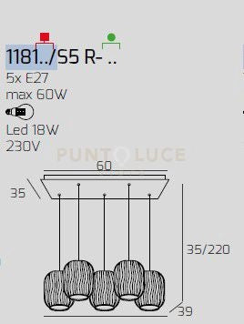 SOSPENSIONE CROMO 5 LUCI RETTANGOLARE VETRI AMBRA 1181CR-S5 R-AM
