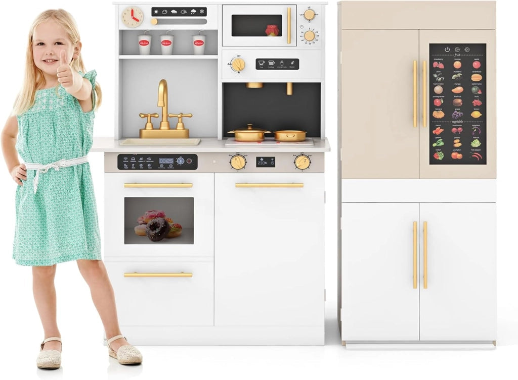 Set da Cucina Giocattolo per Bambini, Cucina per Bambini in Legno con Frigorifero, Macchina da Caffè, Microonde, Fornello, Luci e Suoni Realistici, per 3+ Anni