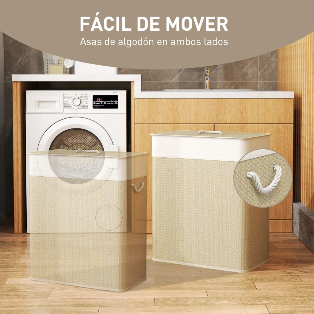 Cestino per Biancheria in Bamb¨´ con 2 Scomparti e Maniglie ¨C Zephmum ¨C 52x32x63 cm