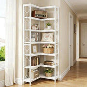 Libreria angolare autoportante in legno ingegnerizzato e metallo, design esagonale, colore bianco