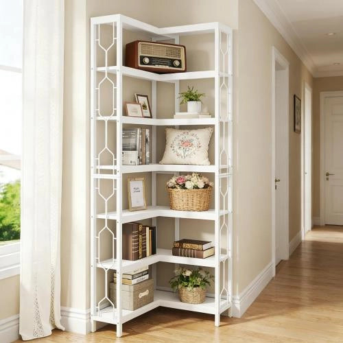 Libreria angolare autoportante in legno ingegnerizzato e metallo, design esagonale, colore bianco