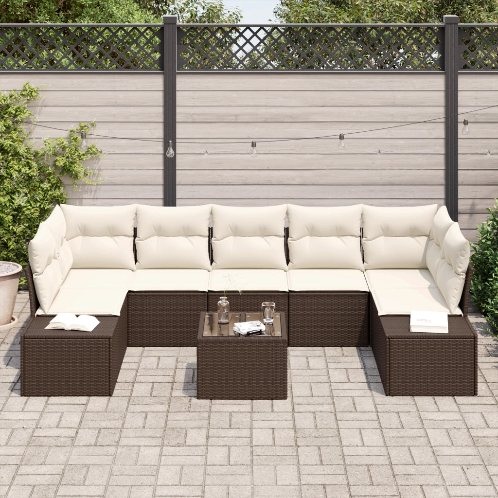 Set da giardino 8 pezzi con cuscini marrone in polyrattan