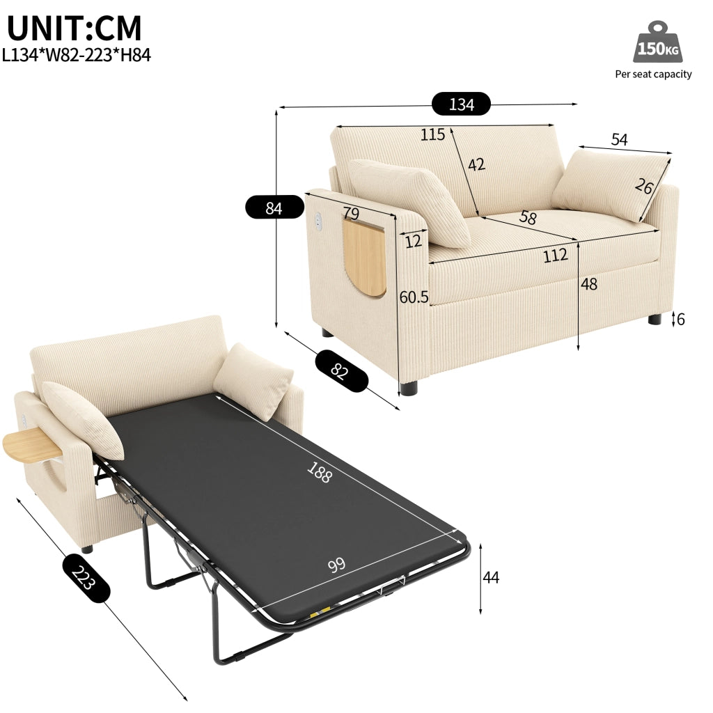 Divano letto convertibile a 2 posti in tessuto a coste con tavolino pieghevole, porte USB e tasca laterale beige