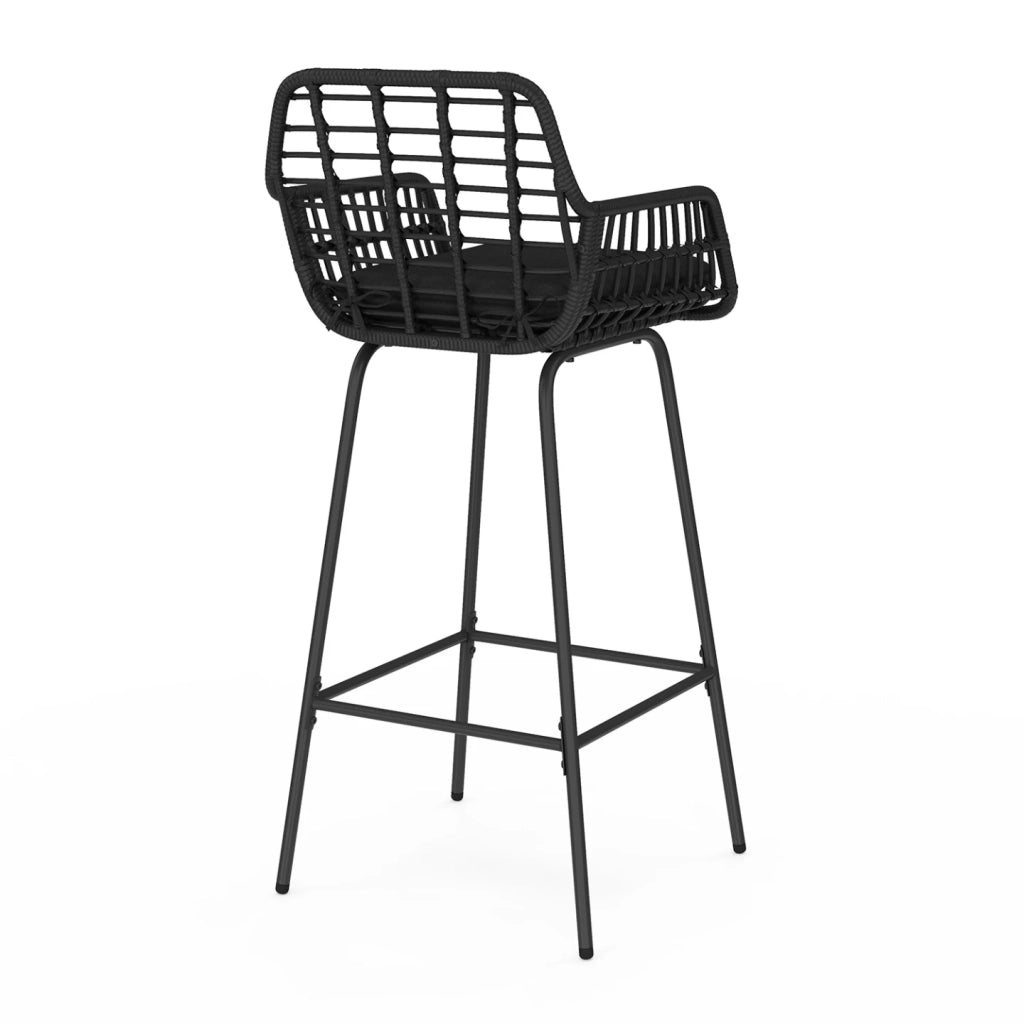 IDMarket - Set di 2 sgabelli da bar SUMMER con braccioli effetto rattan nero e gambe in metallo nero