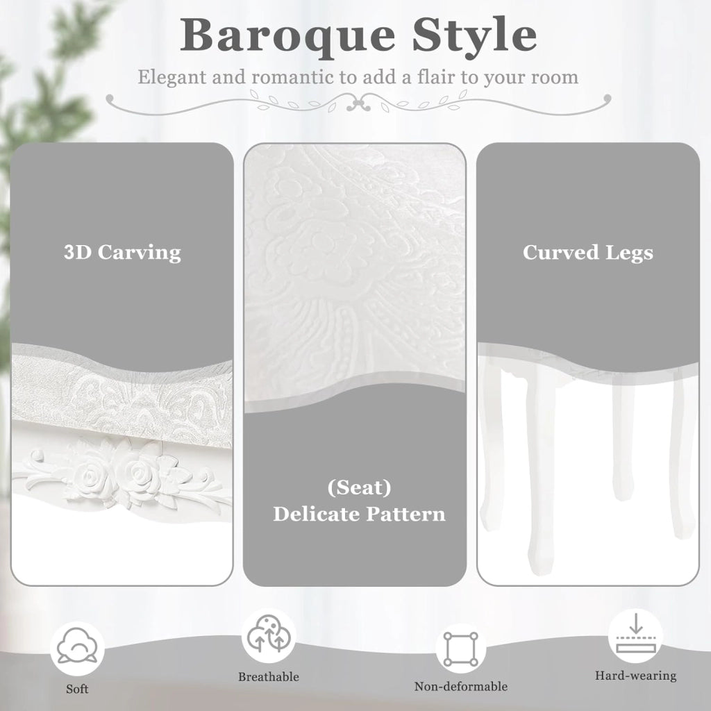 Sgabello per Tavolo da Trucco, Toeletta Sedia Imbottita per Camera con Motivo Floreale, Design Barocco, Legno di MDF + Rovere, Bianco+Beige 37x30x50cm, MB6015cm