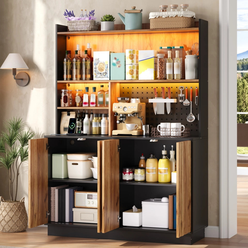 Mobile da cucina con LED RGB e prese integrate; 120x43x160 cm; MDF naturale e nero