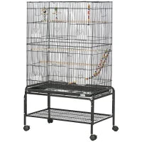 Gabbia per Uccelli in Acciaio con Posatoi, Giochi, Contenitori per Cibo e Vassoio, 79x49x133 cm, Nero