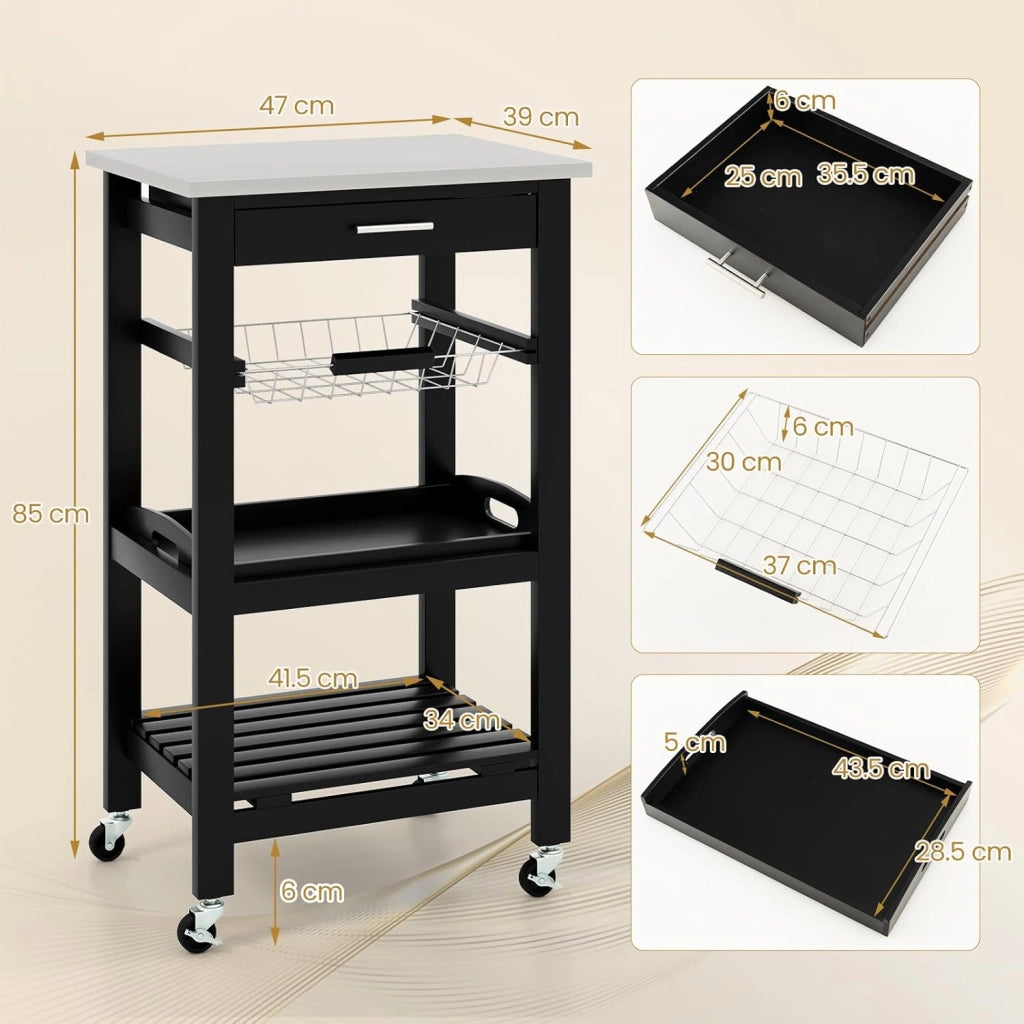 Carrello Cucina con Ruote e Piano di Lavoro in Acciaio Inox, Carrello Portafrutta e Portavivande con Cassetto e Cestello Metallico, Carrellino Portaoggetti per Sala da Pranzo (Nero)