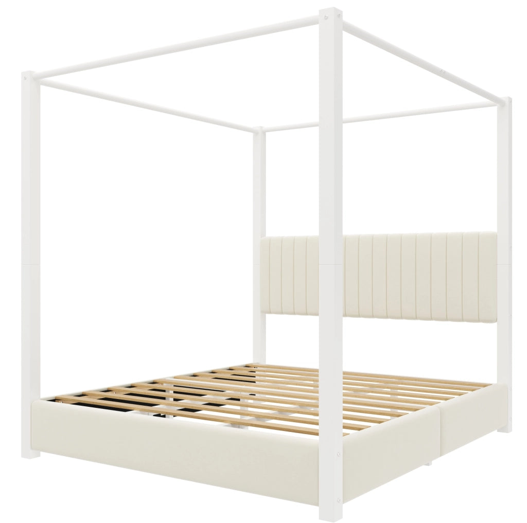 Letto a baldacchino 180x200 cm con testiera imbottita in velluto MDF metallo beige e bianco