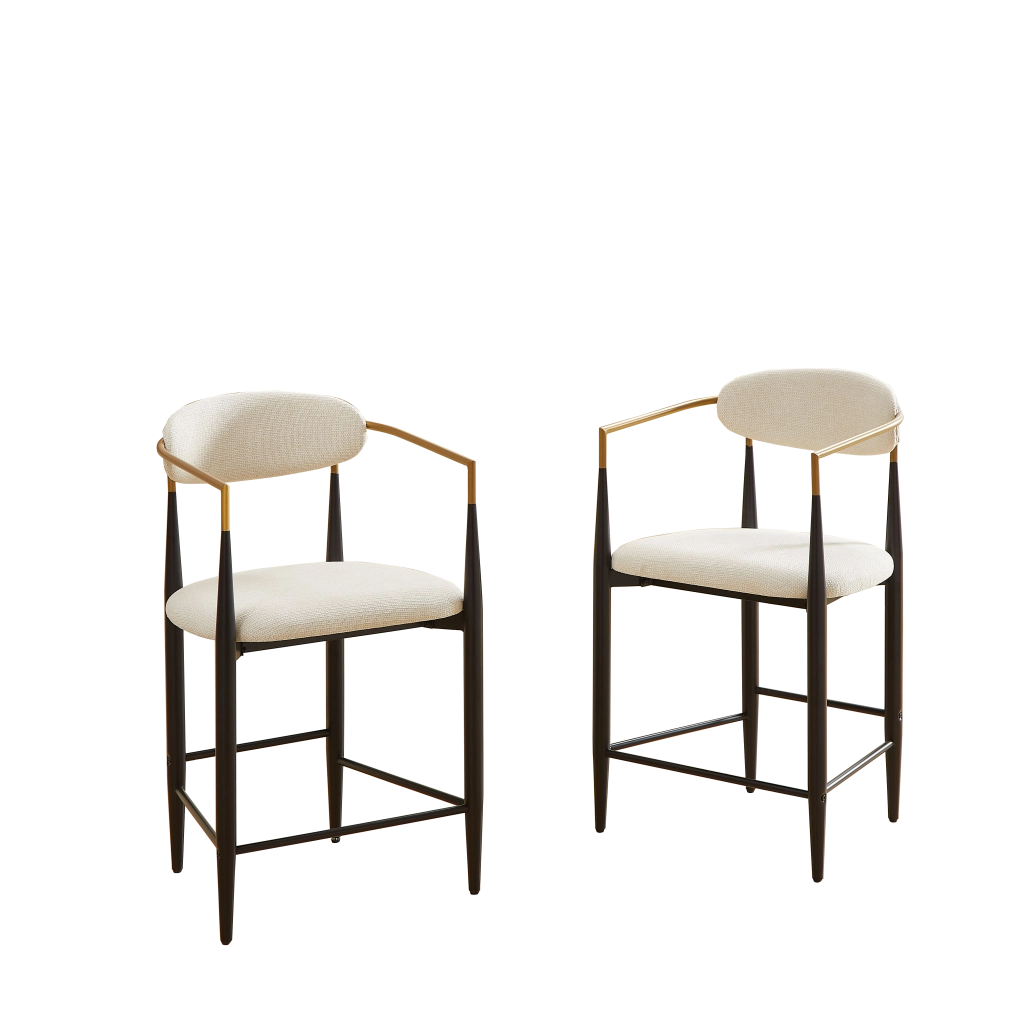 Set 2 Sgabelli da Bar con Braccioli Vintage ¨C MINIMAL ¨C Nero/Oro, Seduta in Tessuto Crema
