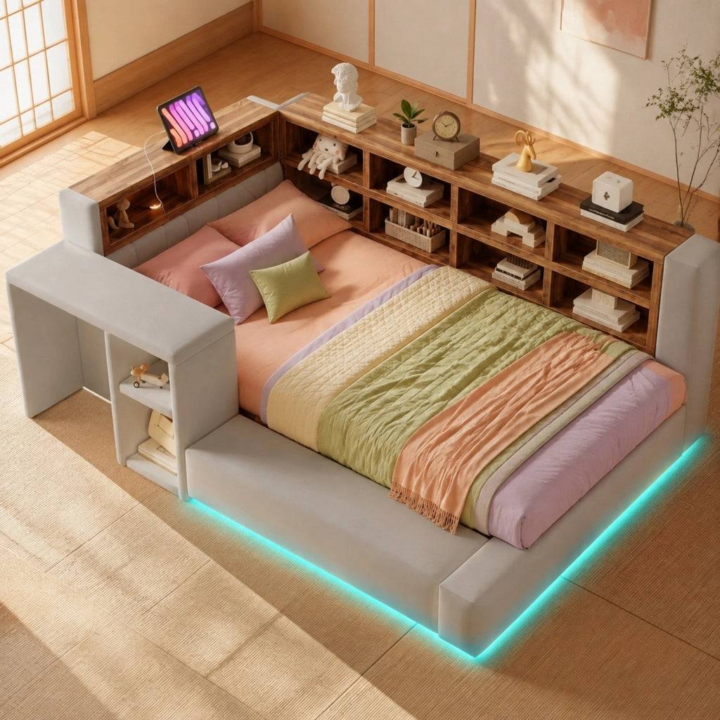 Letto imbottito 90 x 200 cm con contenitore; LED e prese integrate; grigio chiaro